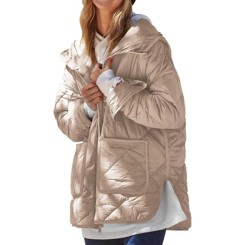 Imily Bela Womens Lightweight Quilted Puffer Jacket Hooded Winter Coat With Pockets Khaki XL