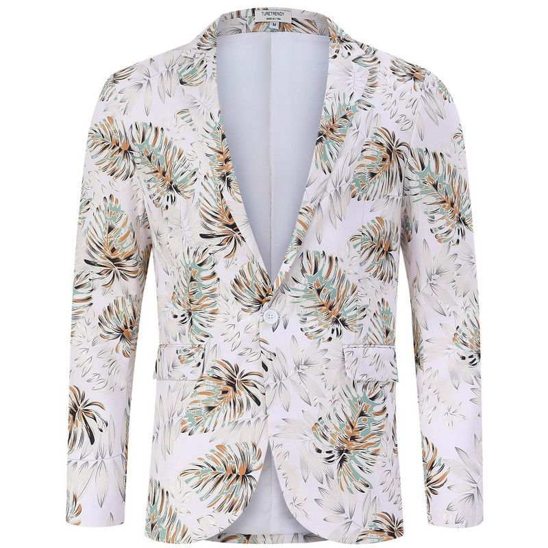 BLUEMING Tuxedo Jackets for Men One Button Slim Fit Formal Suits Blazer with Bow Tie Formal Blazer,white leaves - S