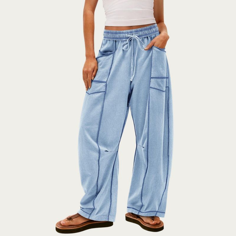 Anna-Kaci Women's Soft Wide Leg Pants with Cargo Style Seam Detailing Adjustable Drawstring Waistband and Relaxed Stretch Fit - Medium, Light Blue