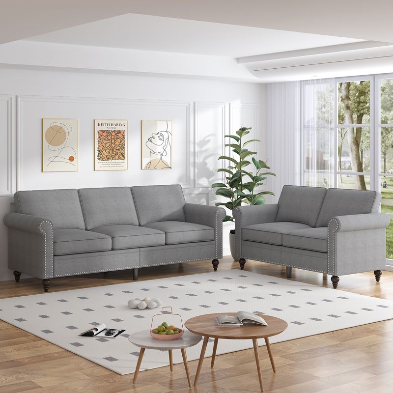 Mjkone 2 Piece Living Room Sofa Set with Rivet Design,Linen Fabric W76''3-Seater Sofa Couch with W53''Loveseat Sofa-Light Grey