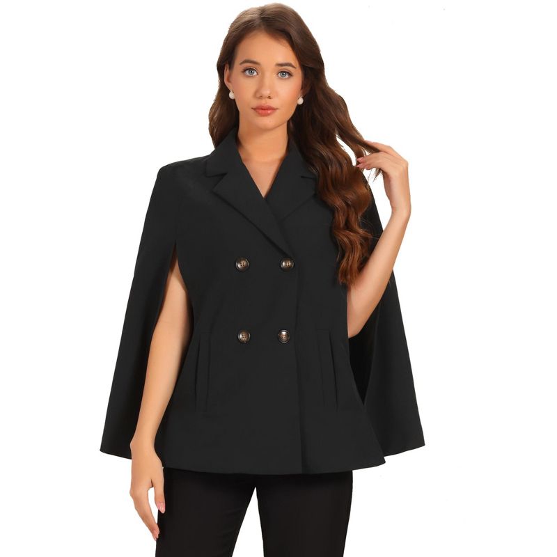 INSPIRE CHIC Women's Notched Lapel Collar Double Breasted Blazer Office Cloak Cape Coat Black Large