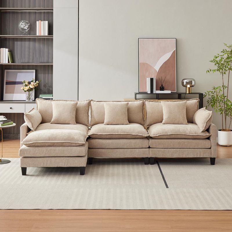 Acekool Oversized L Shaped Sectional Sofa, Modular Chenille 3 Seater Couch with Deep Seat and Ottoman, Comfy Convertible Sofa for Living Room