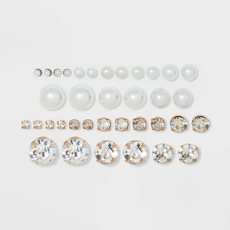 Pearl & Rhinestone Cubic Zirconia Stud Earring Set 18pc - Wild Fable™ White: Brass, Nickel-Free Metal