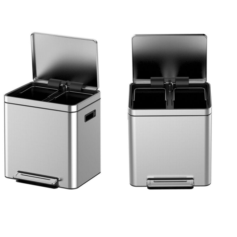 2 x 4 Gal Stainless Steel Dual Compartment Trash Can, Step-On Recycling Bin with Soft-Close Lid & Removable Buckets.