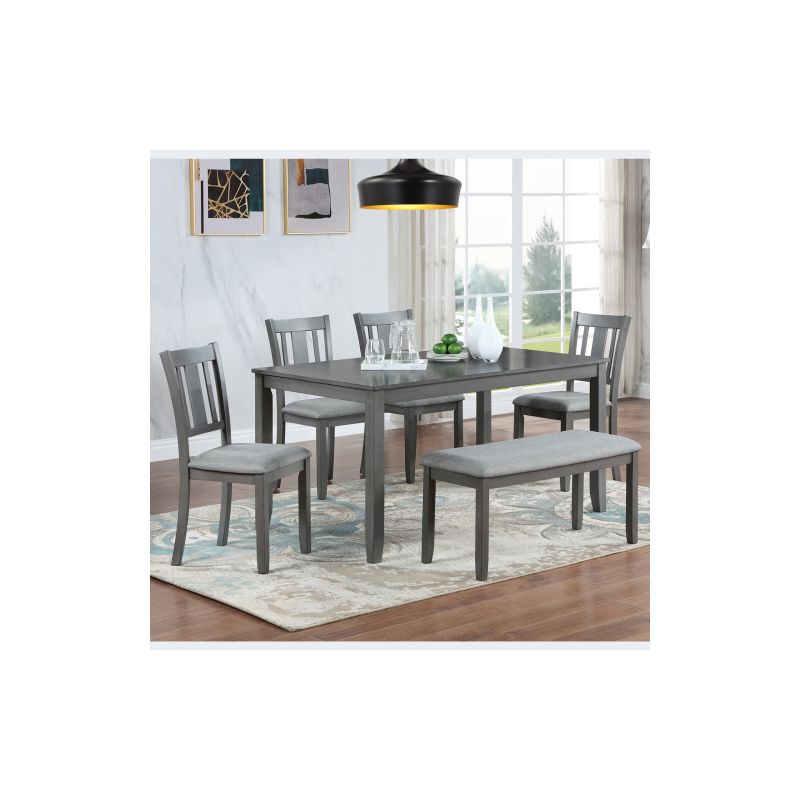 ACEPANO 6-Piece Kitchen Dining Set with Rectangular Wooden Dining Table, 4 Upholstered Chairs & 1 Bench-Gray