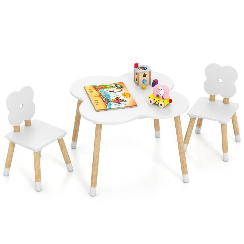 Costway Flower-shaped Kids Table Set with 2 Child-sized Chairs Solid Pine Wood Legs White