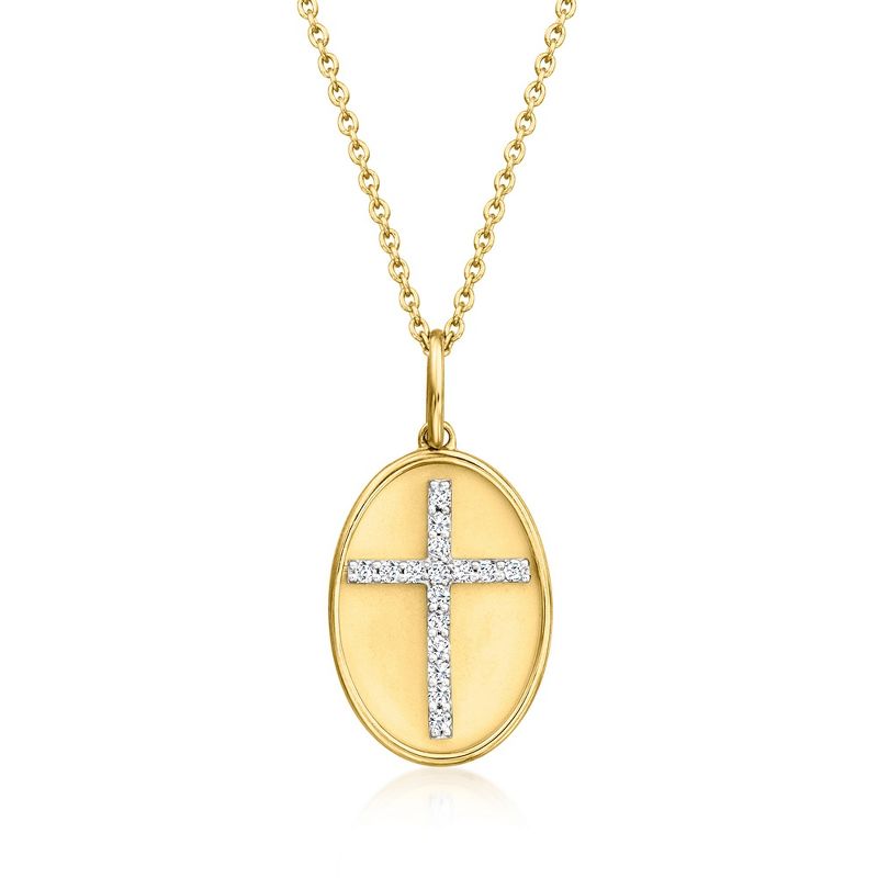 Ross-Simons 0.15 ct. t.w. Diamond Cross Oval Pendant Necklace in 18kt Gold Over Sterling Size 18