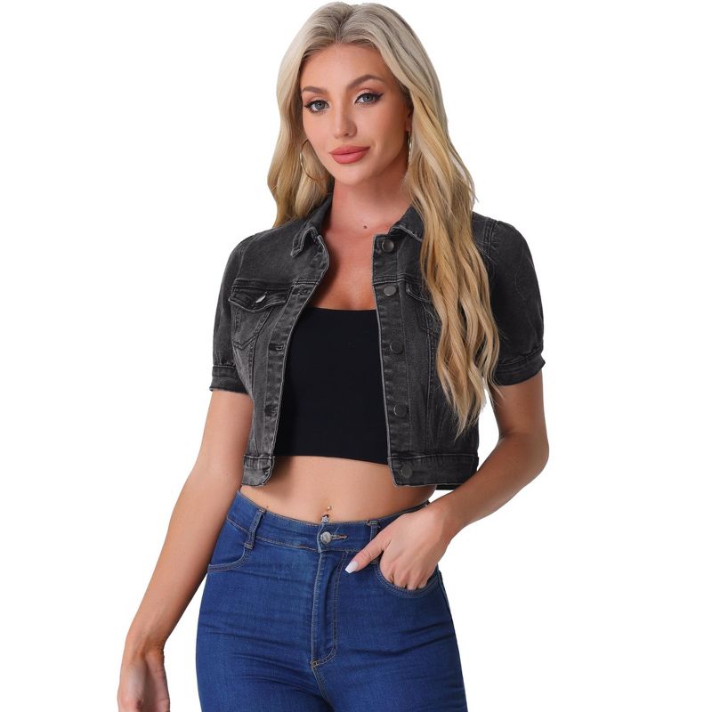 Allegra K Women's Casual Point Collar Button Down Puff Sleeve Crop Denim Jackets Medium Dark Gray