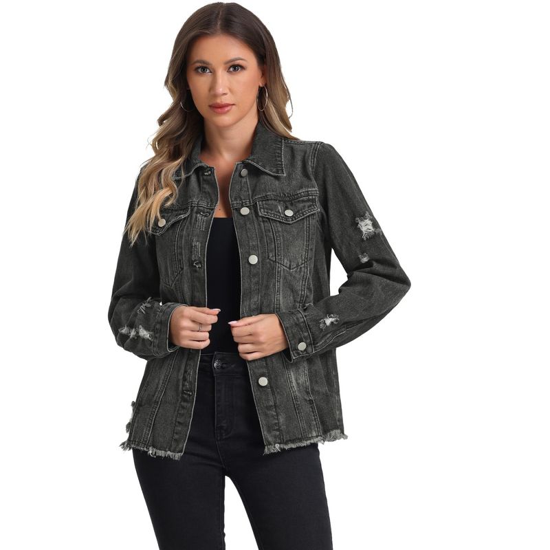 Allegra K Women's Frayed Washed Button Down Denim Jacket with Pockets Black Small