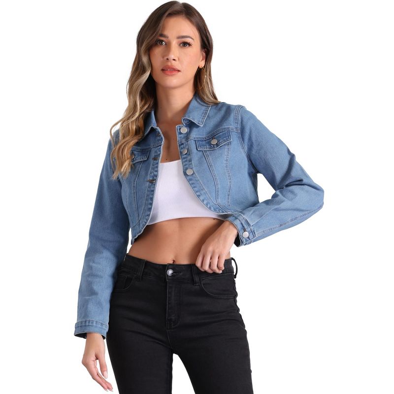 INSPIRE CHIC Women's Collared Button Down Long Sleeve Crop Jean Jacket Large Light Blue