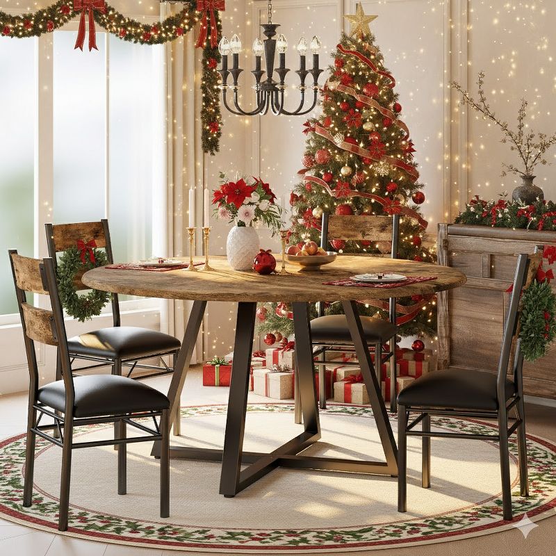Garvee Round Dining Table Set for 4, 5 Piece Circle Wooden Kitchen Dinner Table & Chairs Set for 4, w/ 4 Unpholster Chairs