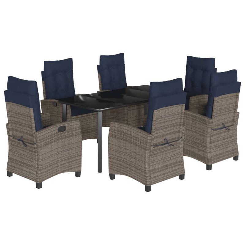 vidaXL 7-Piece Poly Rattan Patio Dining Set - Gray w/Navy Cushions, Adjustable Recliners, Tempered Glass Table for Garden/Outdoor Living