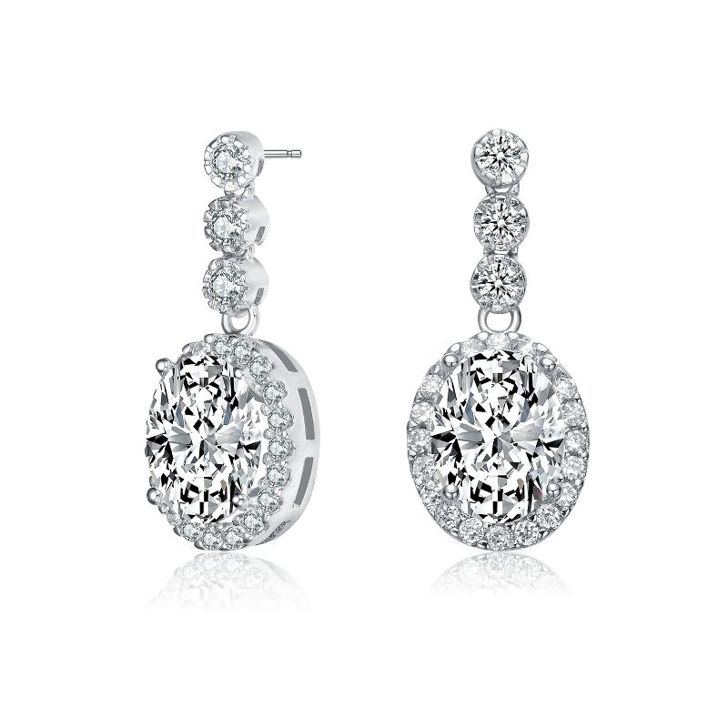 Guili Sophisticated Sterling Silver with Rhodium Plated Clear Oval and Round Cubic Zirconia Halo Drop Earrings Ð Refined and Elegant Design