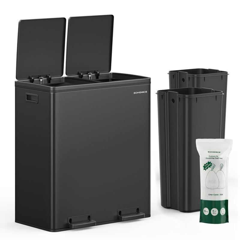 Trash Can, 2 x 8-Gallon Garbage Can for Kitchen, with 15 Trash Bags, 2 Compartments, Plastic Inner Buckets, Black