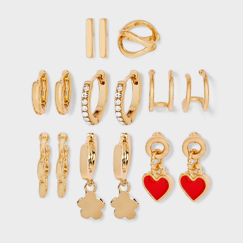 Mixed Heart Ear Cuff and Hoop Earring Set 8pc - Universal Thread™: Nickel-Free Metal, Post Closure, 15+ Age, Studs Included