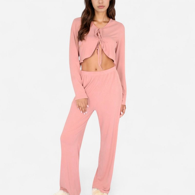 Anna-Kaci Lounge Women's Long Sleeve Pajama Set with Tie Front Cropped Top and Relaxed Fit High Waist Full-Length Lounge Pants - Mauve Pink, Small