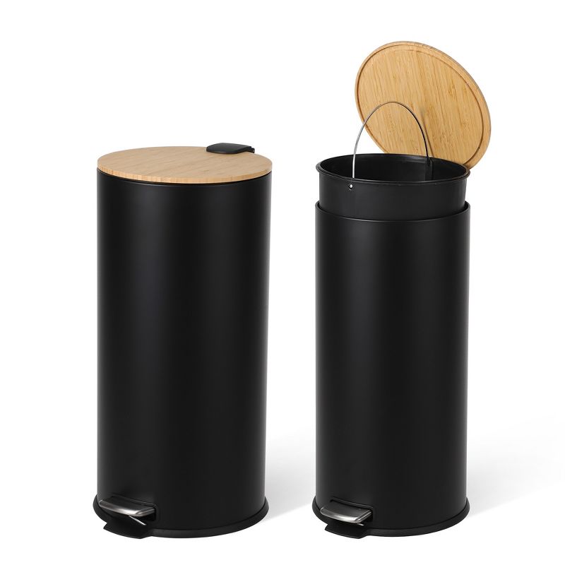 8 Gallon Step Trash Can with Soft-Close Bamboo Lid, 30L Round Stainless Steel Garbage Can with Removable Inner Bucket, Foot Pedal Operation, Black