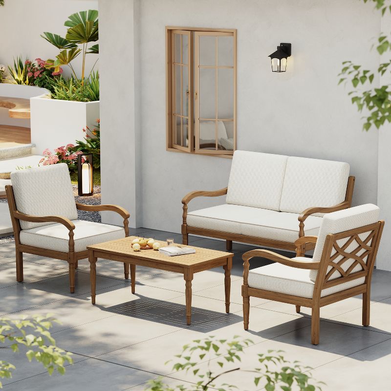 Christopher Knight Home Pendry 4 Piece Outdoor Acacia Wood Chat Set with Water Resistant Cushions, Teak/Beige