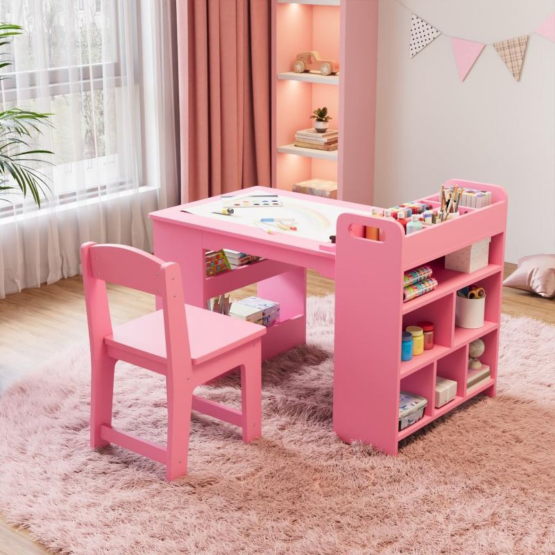Garvee Kids Art Table and 2 Chairs, Craft Table with Large Storage Shelves,Wooden Drawing Desk Activity & Crafts,Pink