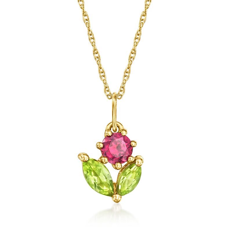 Pure Collection by Ross-Simons 0.20 Carat Rhodolite Garnet and .30 ct. t.w. Peridot Flower Pendant Necklace in 14kt Yellow Gold Size 16