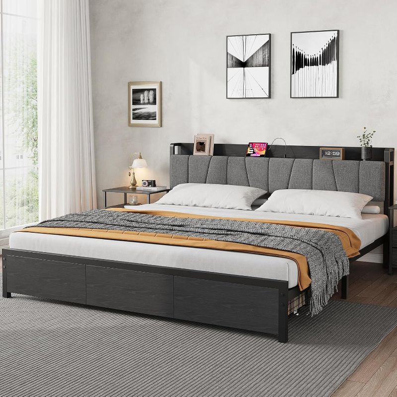 Platform bed frame with 2 storage drawers – upholstered headboard, sturdy metal bed slats, no seasonal box required, modern bedroom furniture, black.