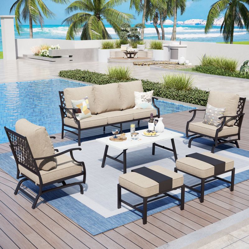 Captiva Designs 6pc Metal Patio Outdoor Conversation Set with Rocking Grid-back Chairs, Ottomans and Coffee Table Beige