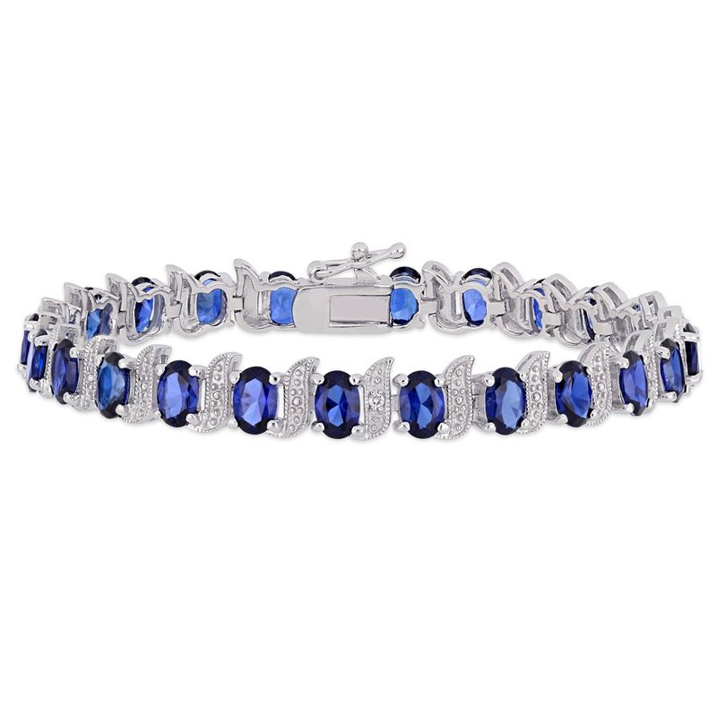 EVERLY JEWELRY | Sterling Silver 0.03 CT Diamond TW And 13 1/5 CT TGW Created Blue Sapphire Bracelet
