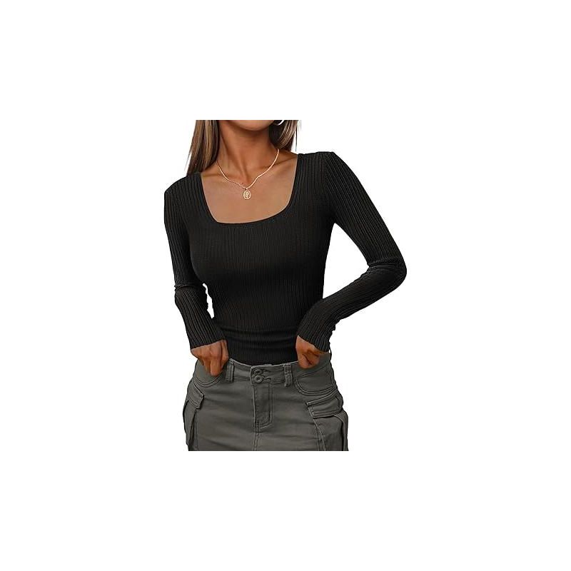 Zeagoo Sweaters for Women Pullover Square Neck Long Sleeve Slim Fitted Ribbed Knit Basic Fashion Tops-Light Tan-XXL