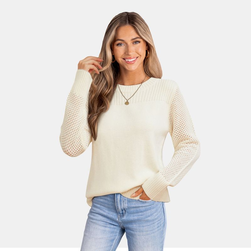 Women's Cozy Round Neck Long Sleeve Knit Sweater - Cupshe-L-White