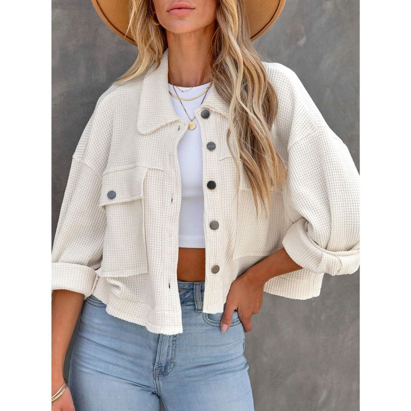 Women's Waffle Knit Cropped Jacket - Button-Front Shacket with Chest Pockets, Dropped Shoulders & Raw Hem，Creamy whiteL