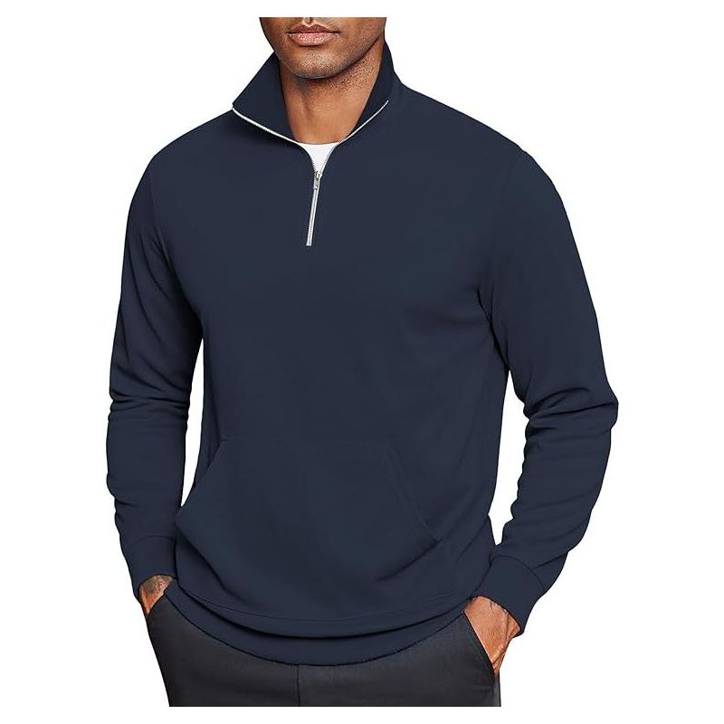 COOFANDY Mens Quarter Zip Pullover Mock Neck Sweatshirt Long Sleeve Sweater Polo Half Zip Pullover with Pocket Navy Blue XL