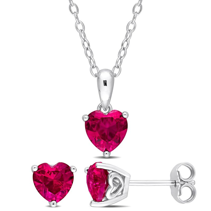 EVERLY JEWELRY | Sterling Silver 3 CT TGW Heart-Shape Created Ruby 2-Piece Set of Pendant with Chain and Earrings - 18 in
