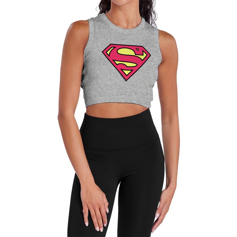 Women's Superman Pink S Shield Sleeveless Crop Top Tank Athletic Heather Large