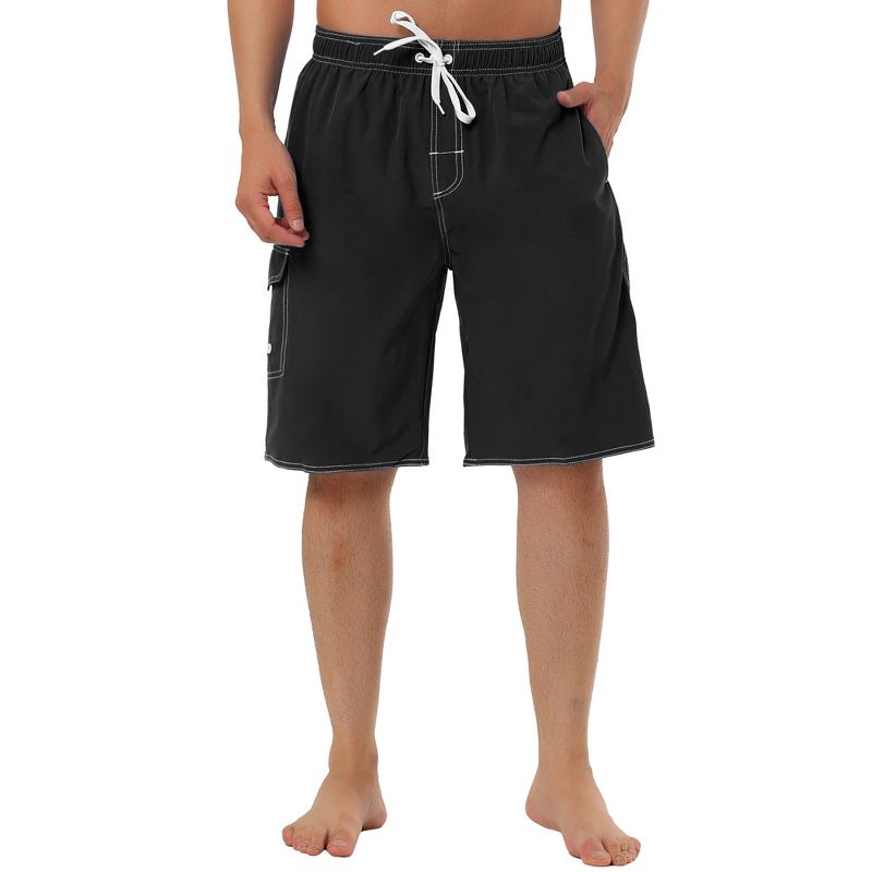 TATT 21 Men's Casual Holiday Solid Color Elastic Waistband Beach Board Shorts Black 34