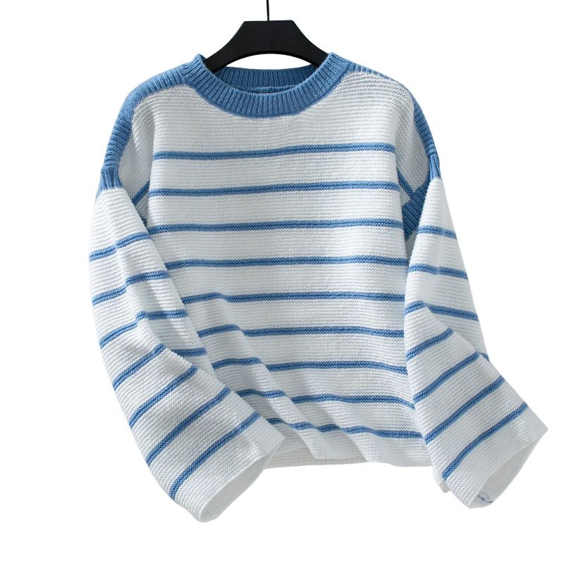Clearlove Women's Striped Crop Sweater Crewneck Long Sleeve Loose Knit Pullover Sweater Tops - Blue,M