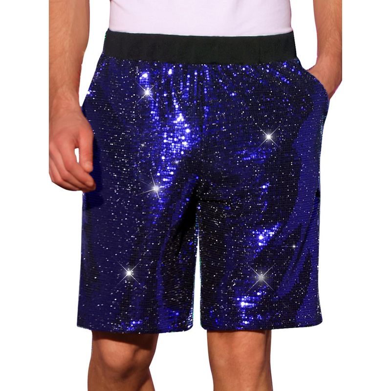 INSPIRE CHIC Men's Summer Elastic Waist Party Shiny Sequins Shorts 36 Blue