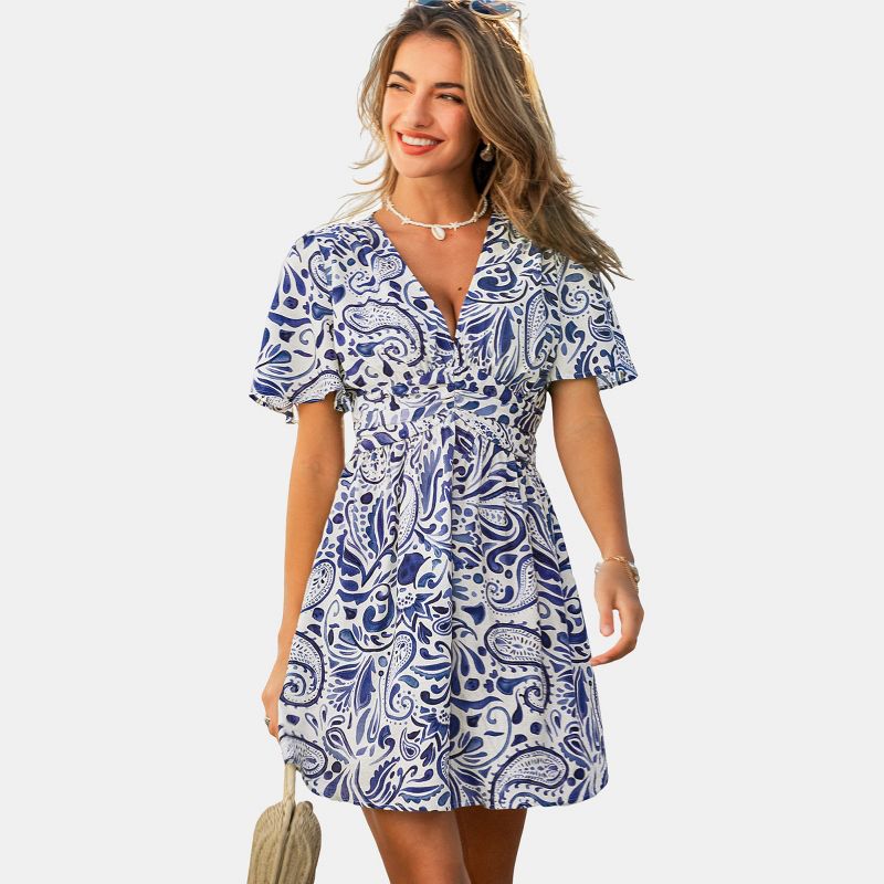 Women's Breezy Blue Paisley Print Wrap Dress - Cupshe-M-Blue&White