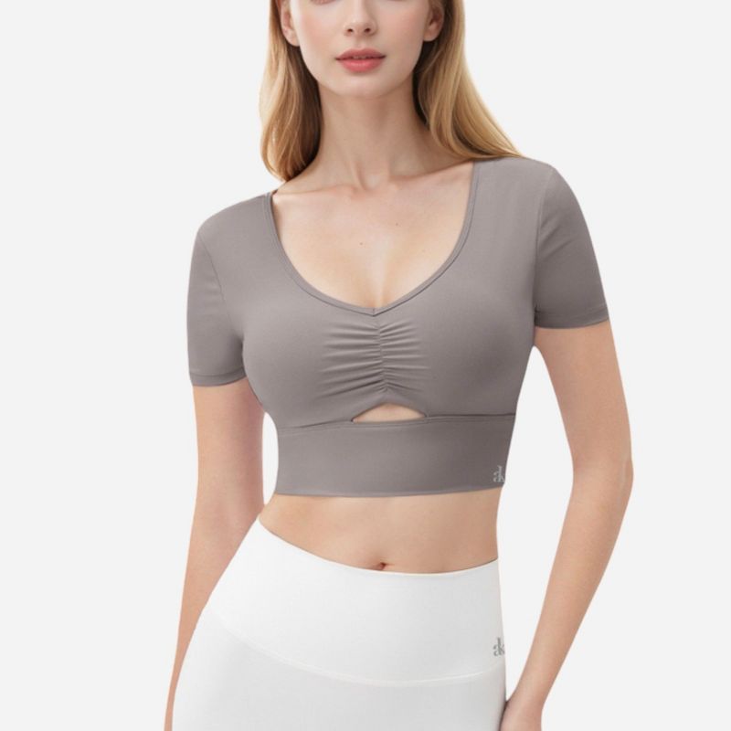 Anna-Kaci Active Women's Ruched Cutout Crop Top with Short Sleeves - X Large, Gray