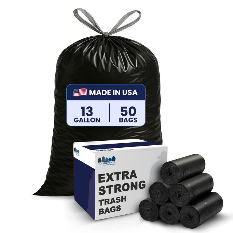 Plasticplace 13 Gallon Drawstring Trash Bags, Black (50 Count)