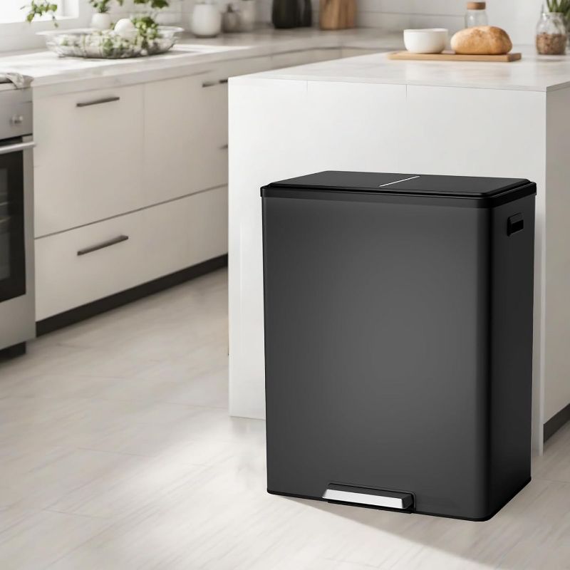 Black 60L 16 Gallon Step Dual Trash Can with Lid, Large Stainless Steel Double Recycling Bin with 2 Removable Wastebaskets