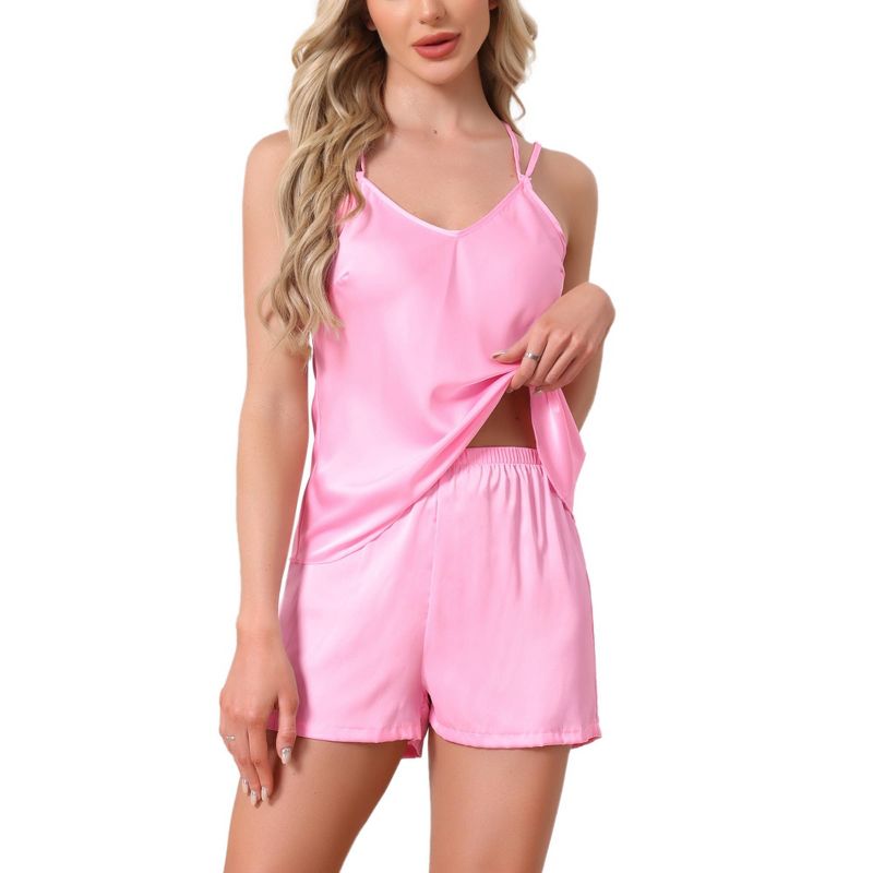 INSPIRE CHIC Women's Satin Short Loungewear Sets Dual Straps Sleeveless Racer Back Silky Cami Pajama Sets 2 Pcs Large Pink