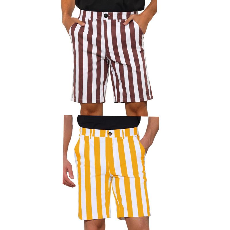Lars Amadeus Men's Regular Fit Chino Striped Pattern Shorts 2 Packs Burgundy/Yellow 34