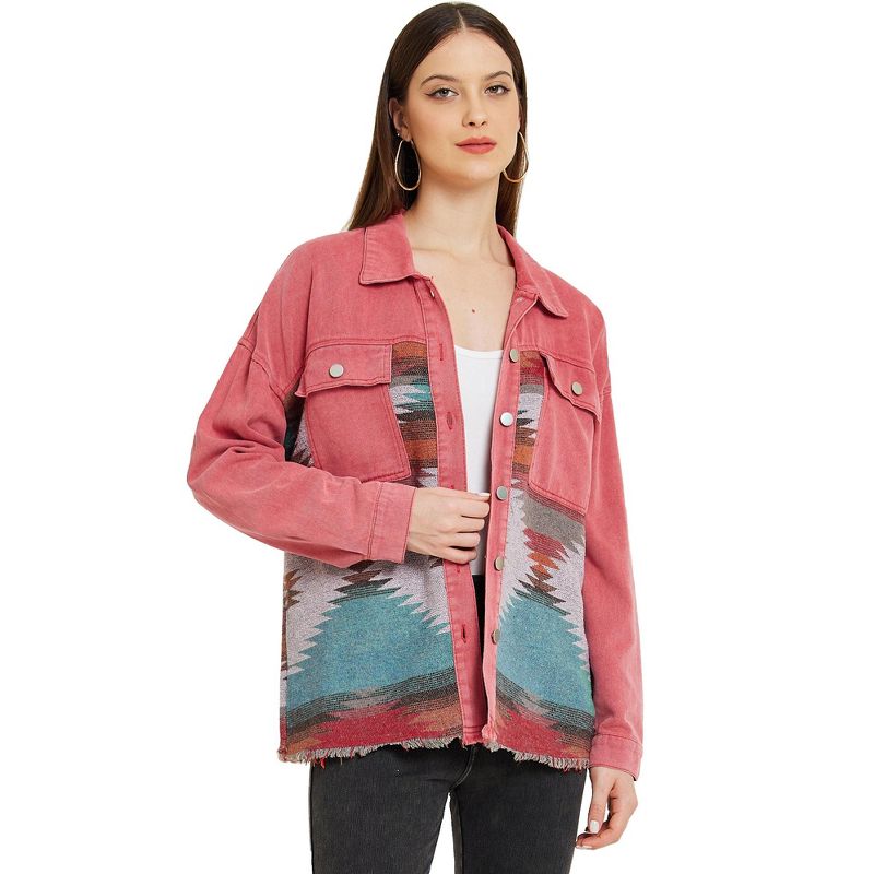 Allegra K Women's Denim Lapel Long Sleeve Vintage Shacket Jacket Hot Pink Small