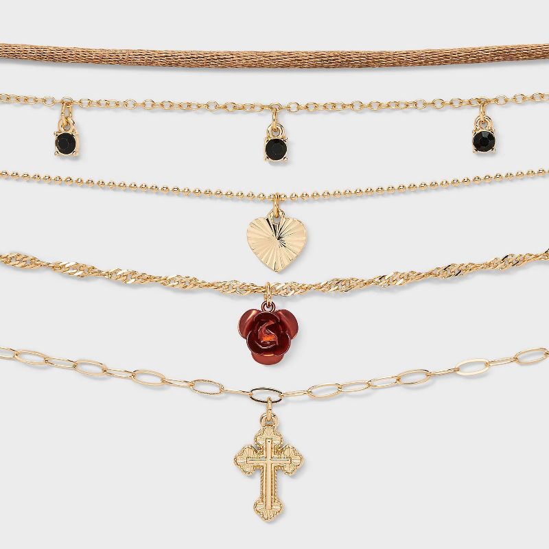 Heart Cross & Rose Choker Necklace Set 5 pc - Wild Fable™ Gold