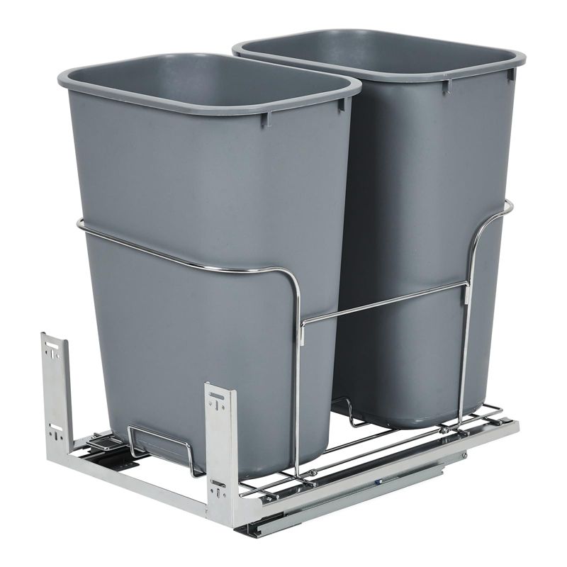 Double Pull-Out Trash Can Under Cabinet – 2*25 QT Space-Saving Steel Garbage Bins with Smooth Full-Extension Slides, Ideal for Kitchen Recycling