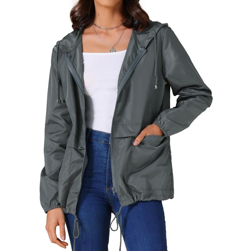 INSPIRE CHIC Women's Adjustable Drawstring Waterproof Windbreaker Lightweight Hooded Raincoats with Pockets Medium Dark Grey