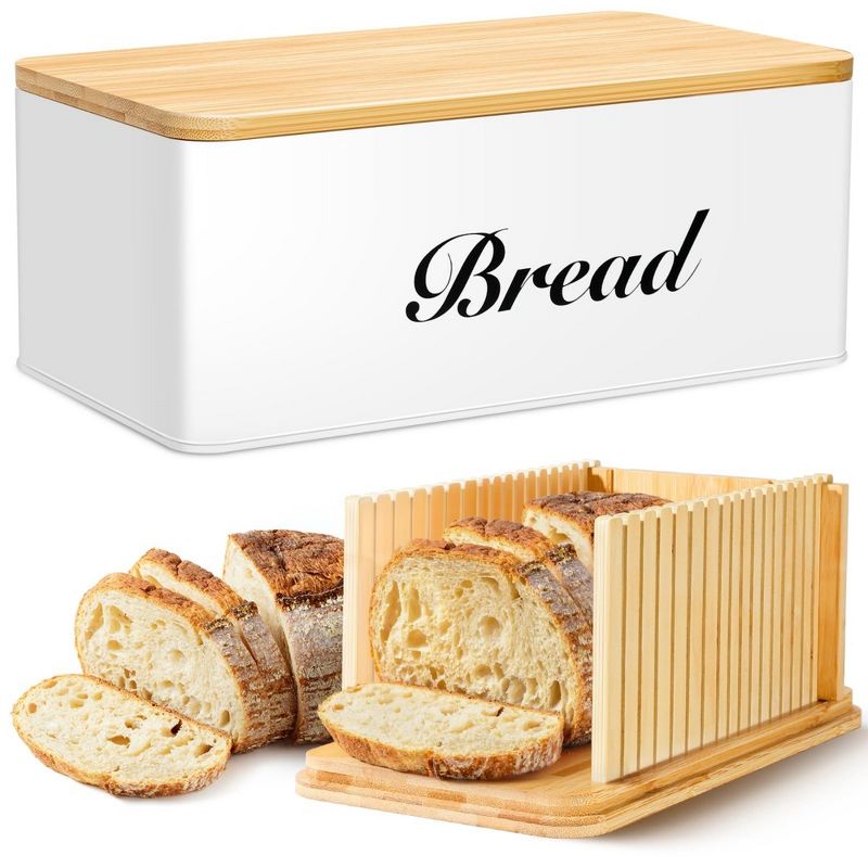MOEPISY White Bread Storage for Kitchen Countertop with 3 in 1 Bamboo Lid