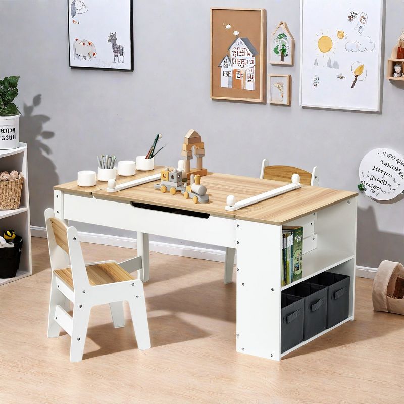LuxenHome Kids Table and Chairs Set, Lift-Top Art Desk to Easel, Toddler Activity Table with Storage & Bookcase, Ages 3-6 Brown
