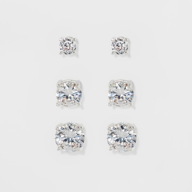 Women's Fashion Trio Crystal Round Stud Earring Set 3pc - A New Day™ Silver: Nickel-Free Metal, Post Closure