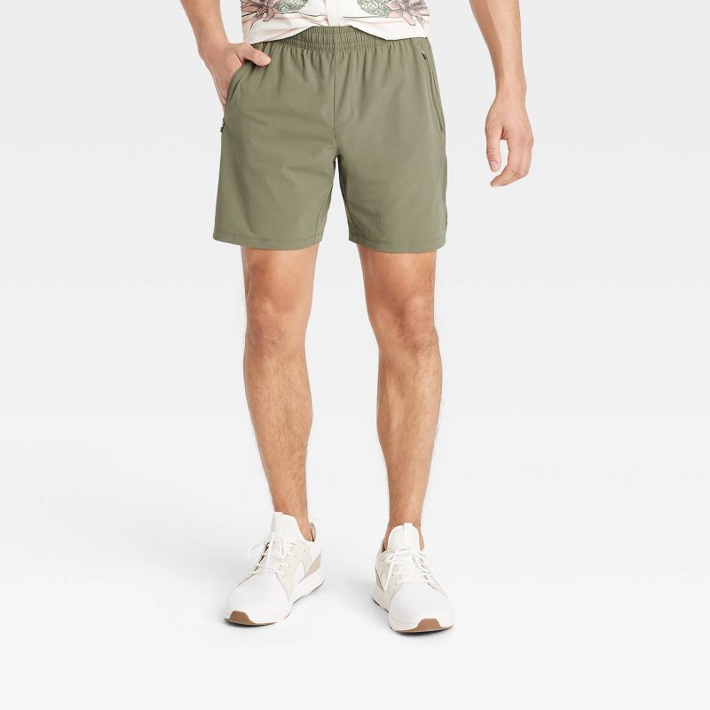 Men's Stretch Woven Shorts 7" - All In Motion™ Green M: Lightweight Nylon-Spandex, Adjustable Waistband, Side Pockets